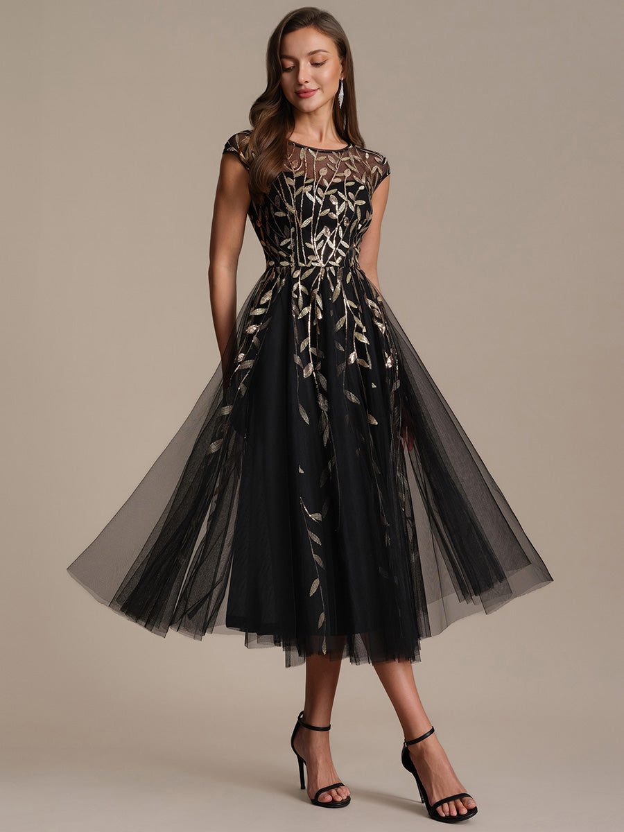 See-through Sequin Cap Sleeve Wedding Guest Dress #color_Black & Gold