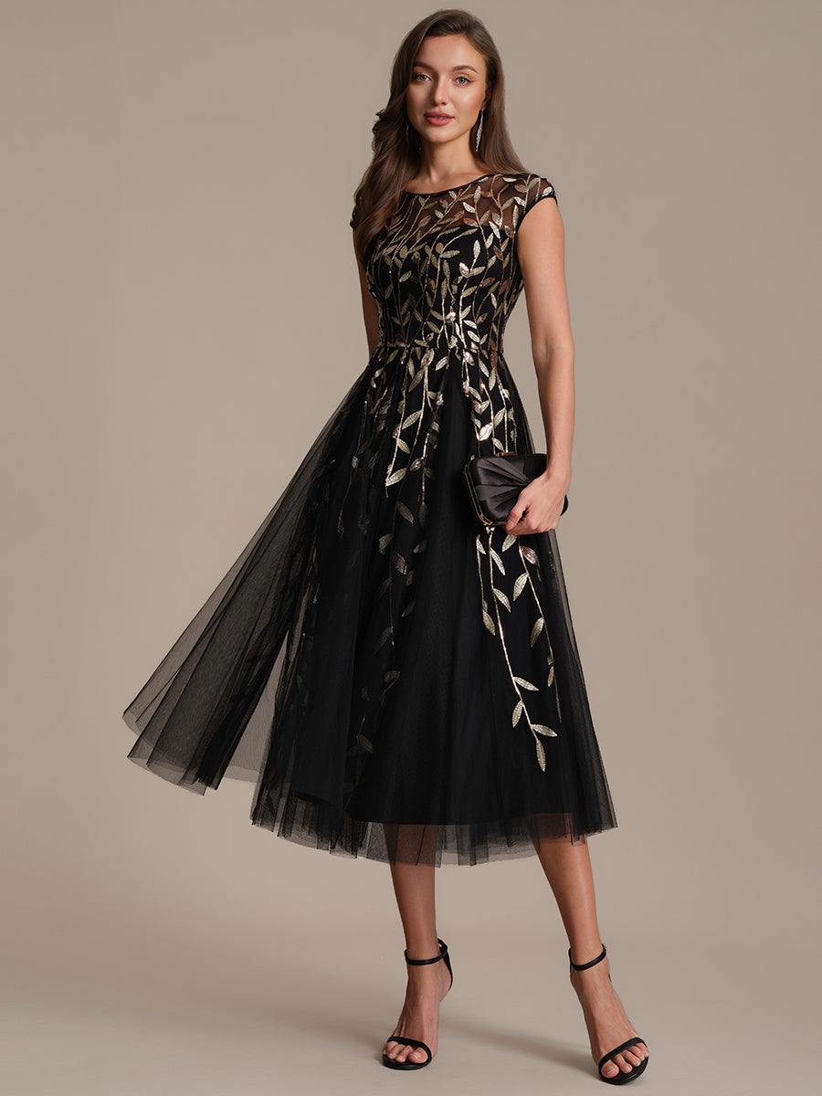 See-through Sequin Cap Sleeve Wedding Guest Dress #color_Black & Gold