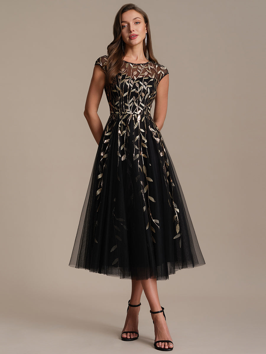 See-through Sequin Cap Sleeve Wedding Guest Dress #color_Black & Gold