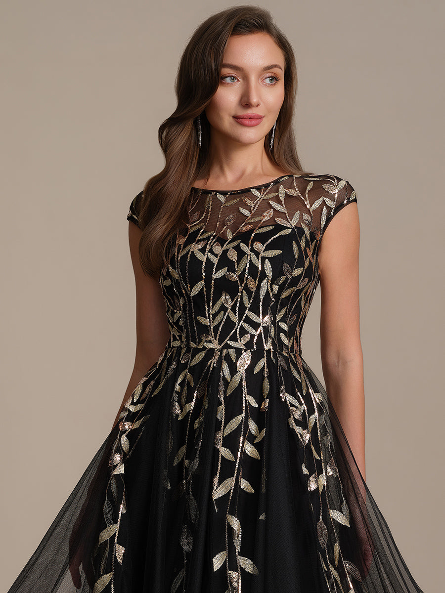 See-through Sequin Cap Sleeve Wedding Guest Dress #color_Black & Gold
