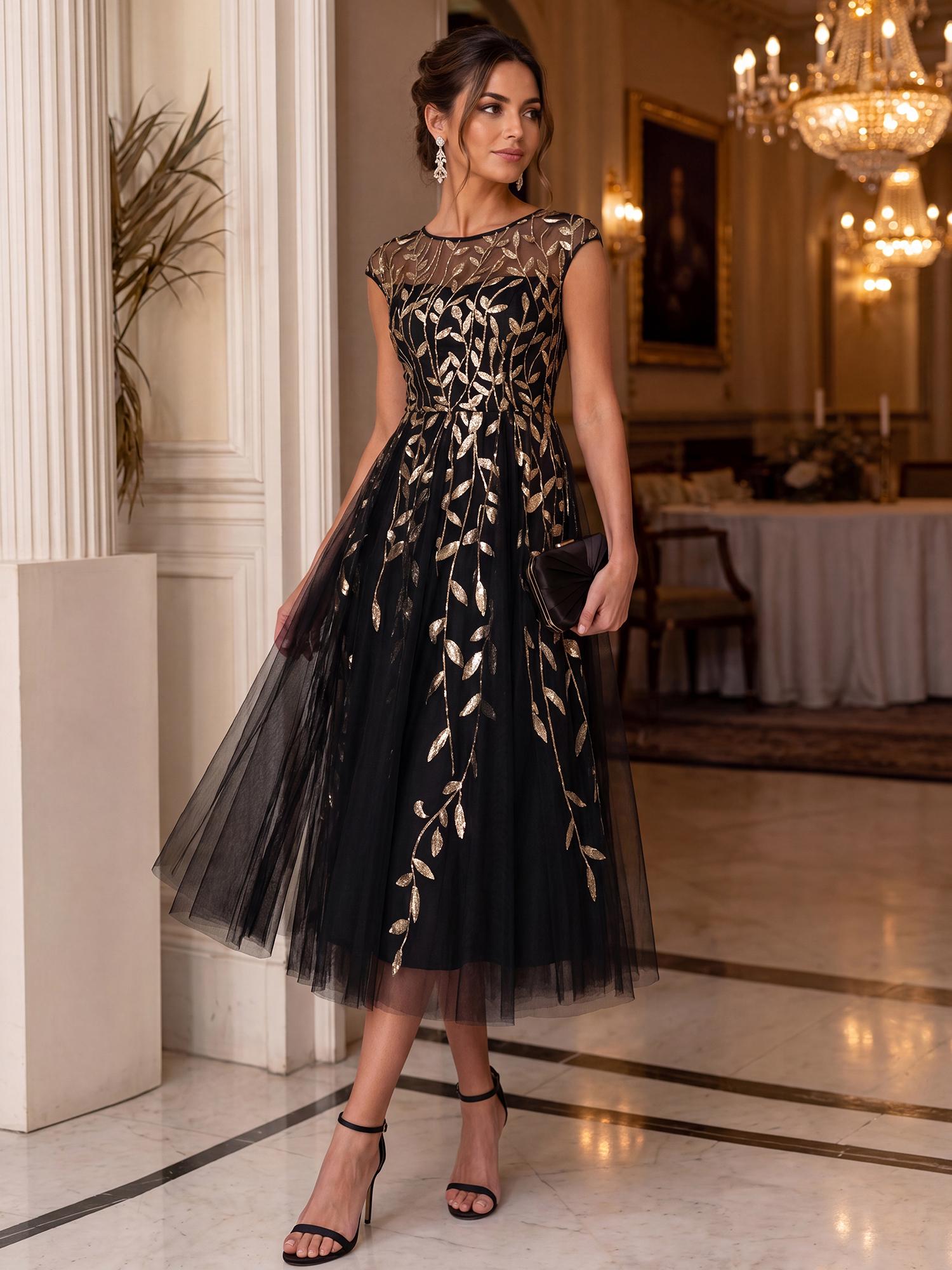 See-through Sequin Cap Sleeve Wedding Guest Dress #color_Black & Gold