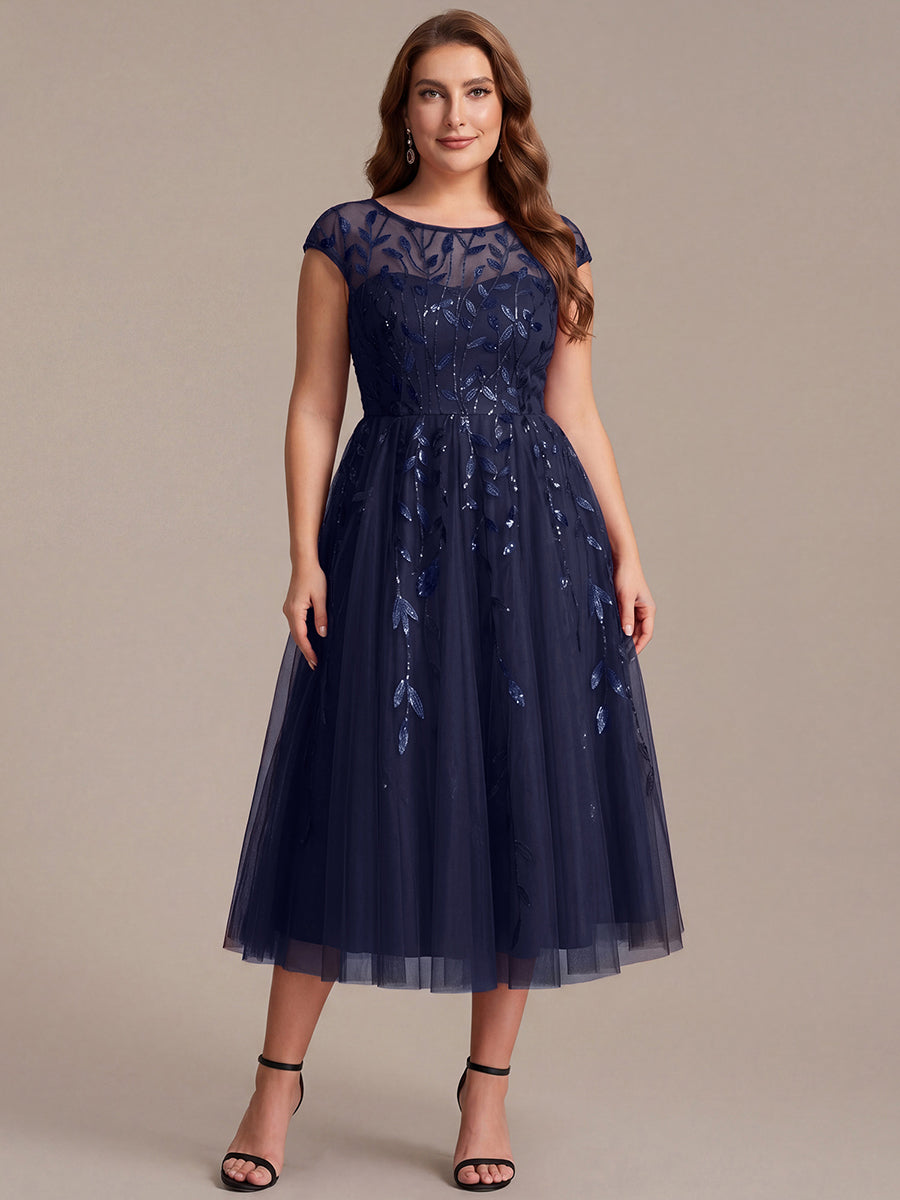 See-through Sequin Cap Sleeve Wedding Guest Dress #color_Navy Blue