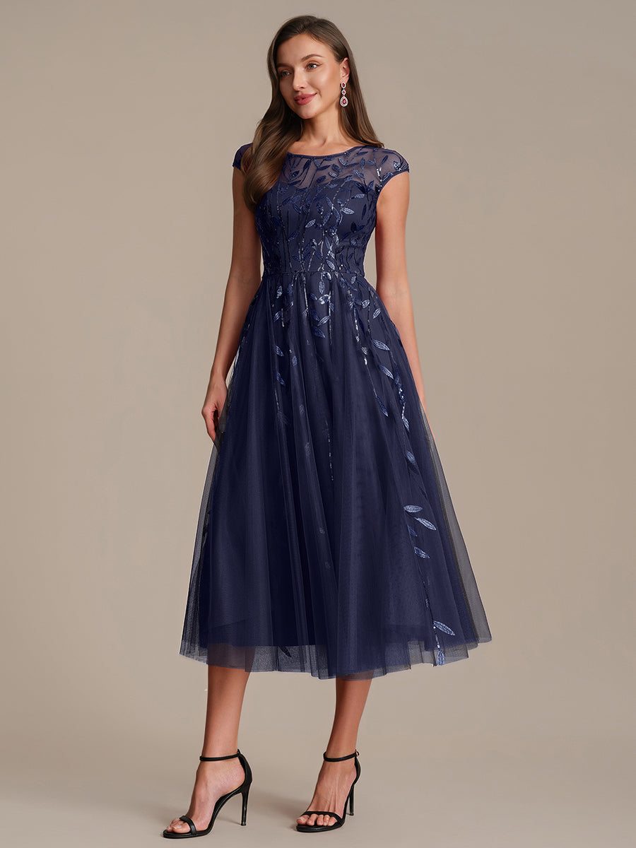 See-through Sequin Cap Sleeve Wedding Guest Dress #color_Navy Blue