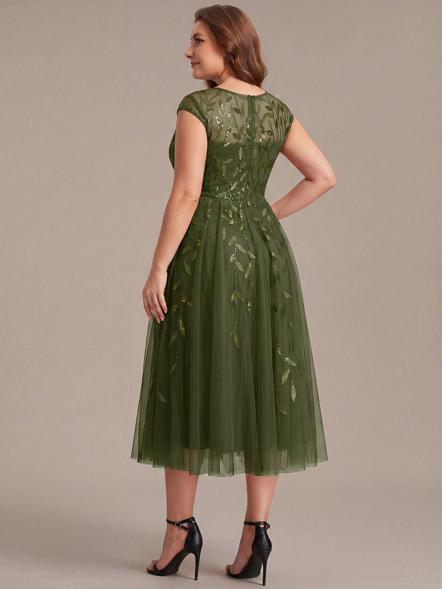See-through Sequin Cap Sleeve Wedding Guest Dress #color_Olive Green