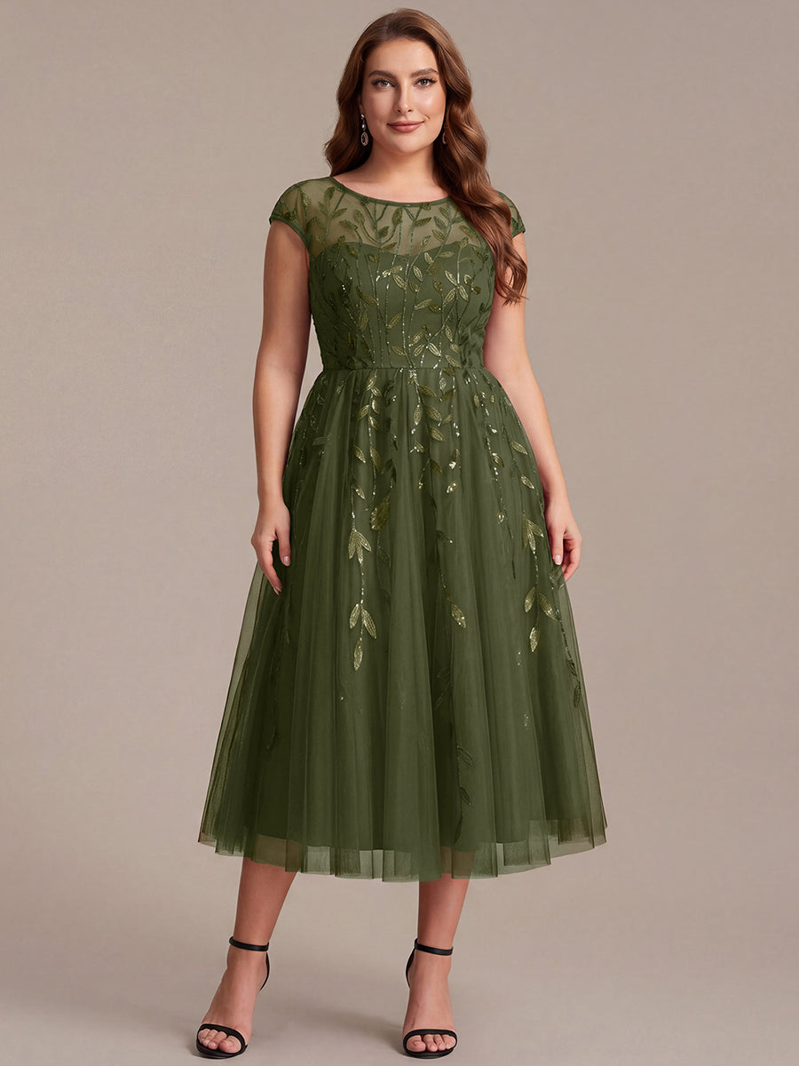 See-through Sequin Cap Sleeve Wedding Guest Dress #color_Olive Green