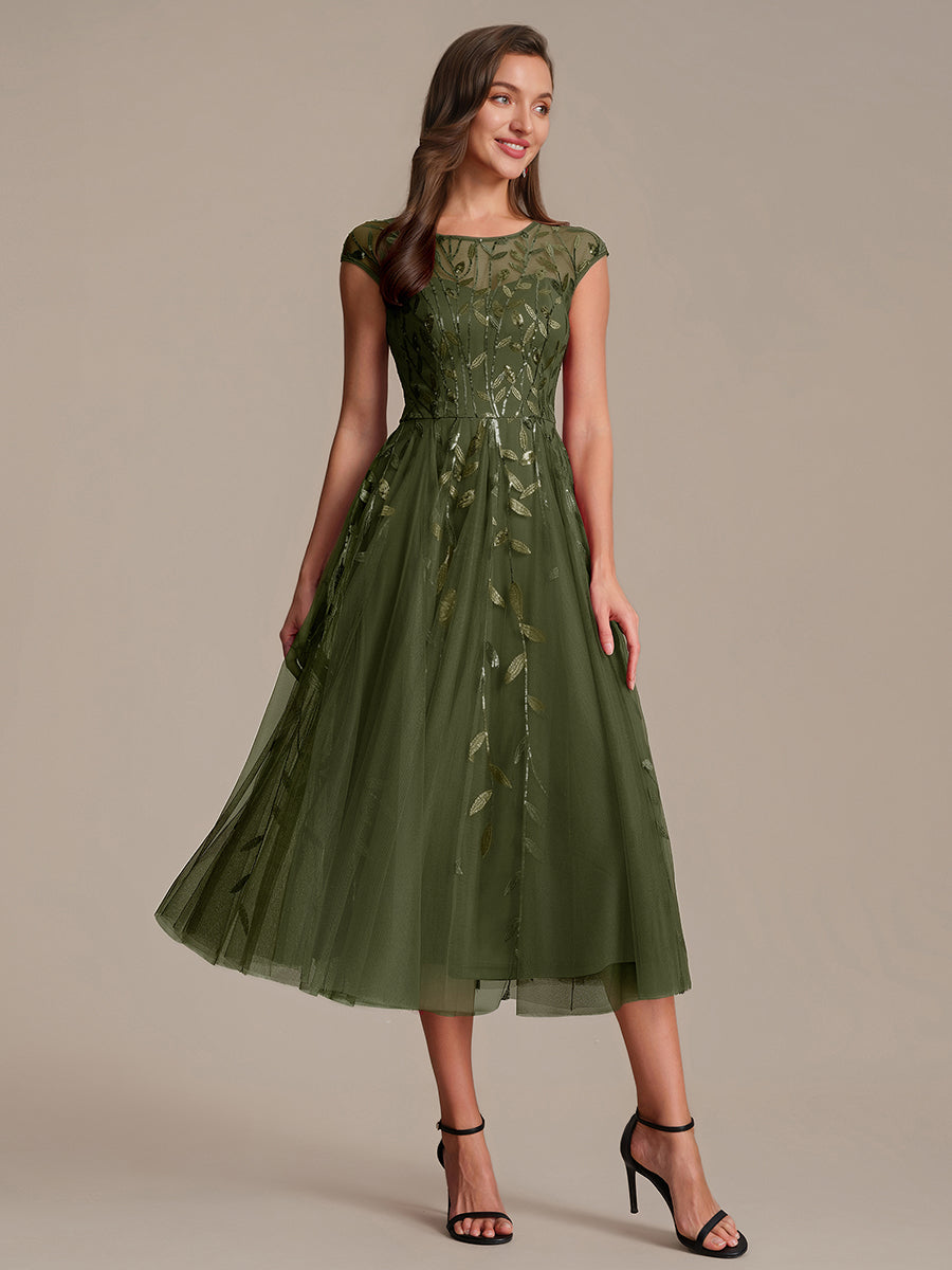 See-through Sequin Cap Sleeve Wedding Guest Dress #color_Olive Green