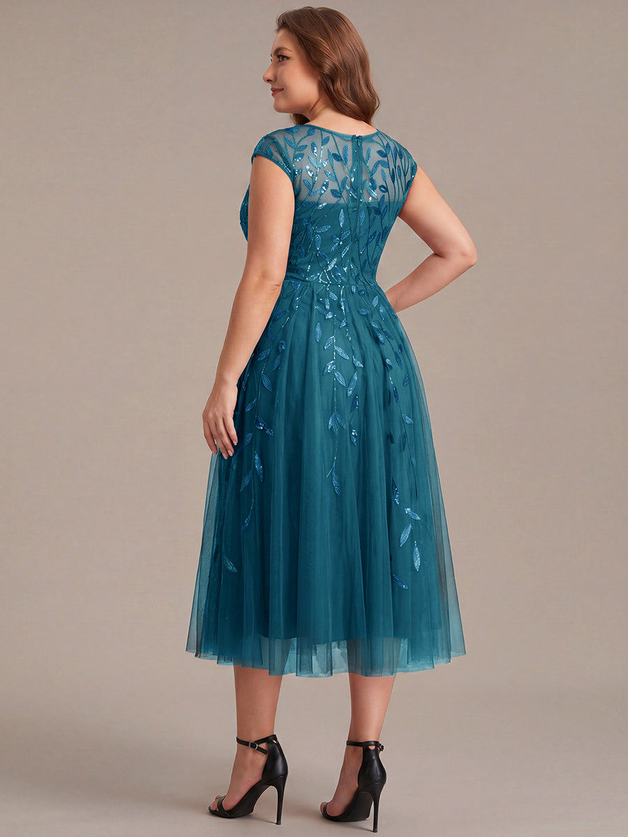 Plus Size See-through Sequin Wedding Guest Dress #color_Teal