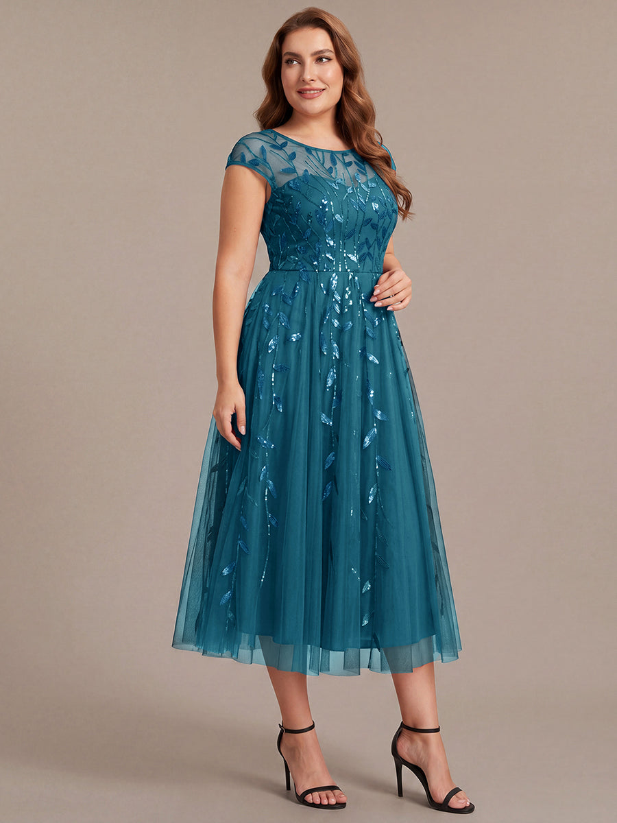 Plus Size See-through Sequin Wedding Guest Dress #color_Teal