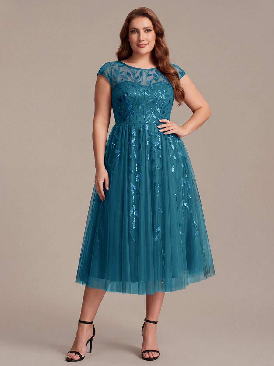 Plus Size See-through Sequin Wedding Guest Dress #color_Teal