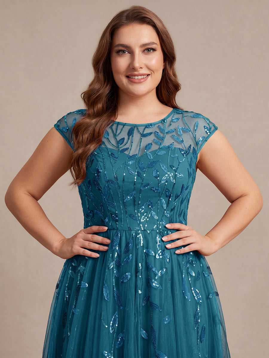 Plus Size See-through Sequin Wedding Guest Dress #color_Teal