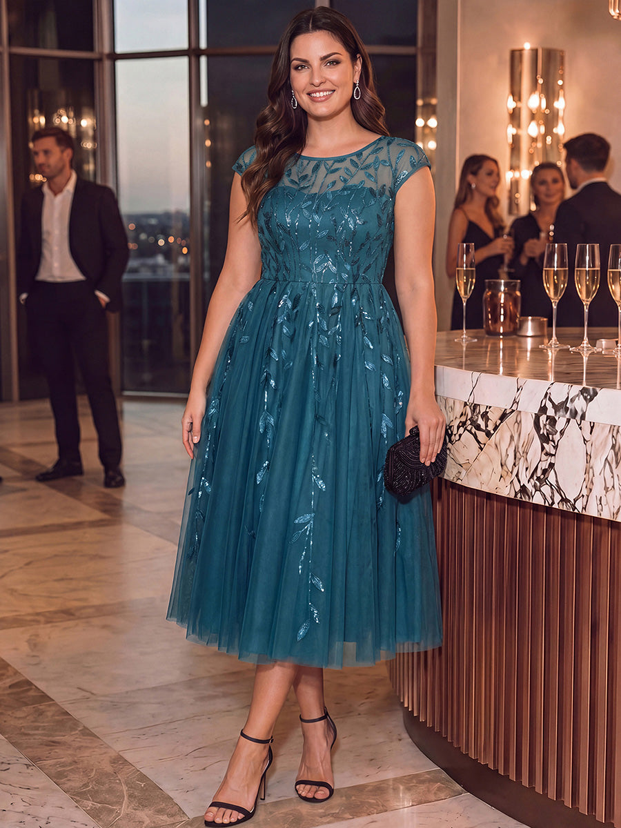 See-through Sequin Cap Sleeve Wedding Guest Dress #color_Teal