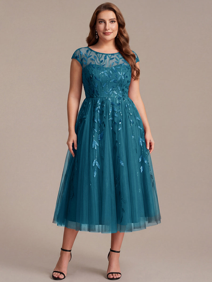 See-through Sequin Cap Sleeve Wedding Guest Dress #color_Teal