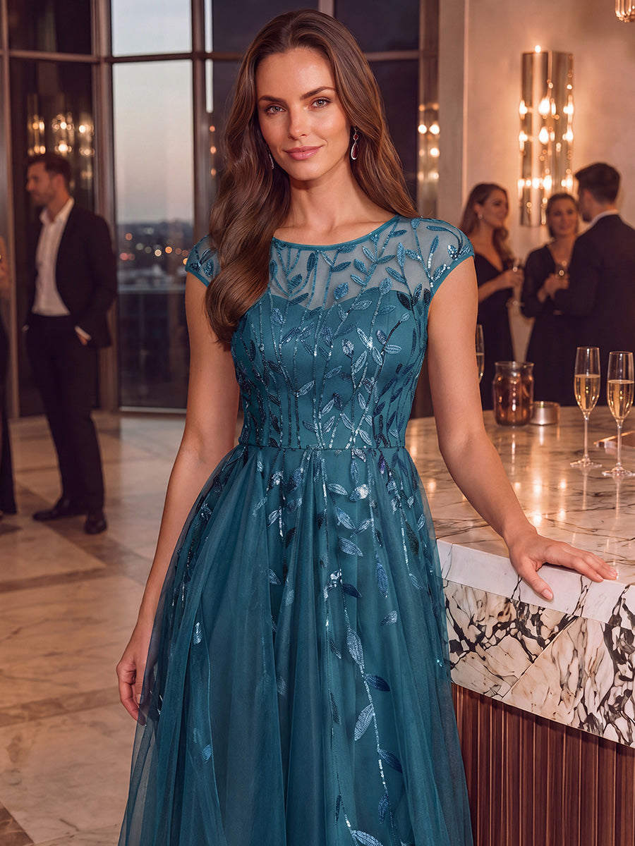 See-through Sequin Cap Sleeve Wedding Guest Dress #color_Teal