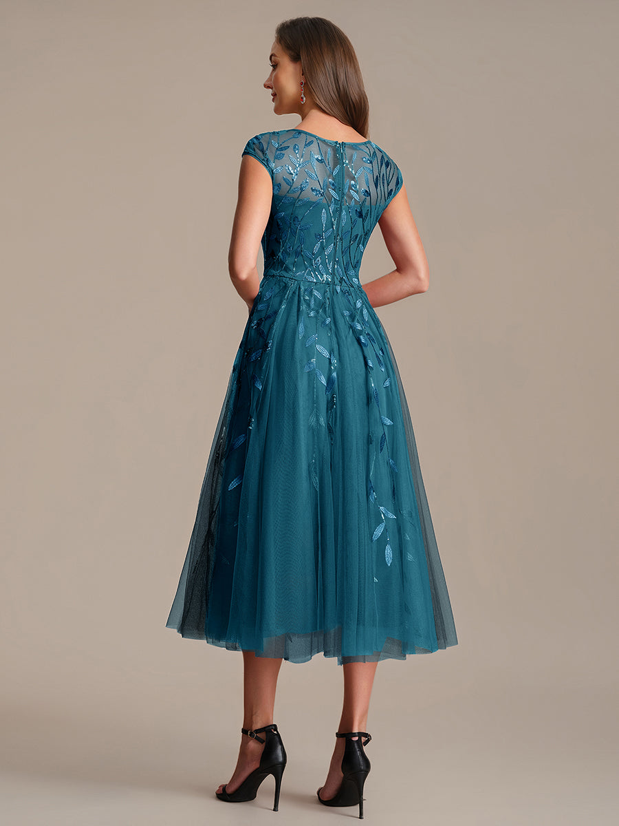 See-through Sequin Cap Sleeve Wedding Guest Dress #color_Teal