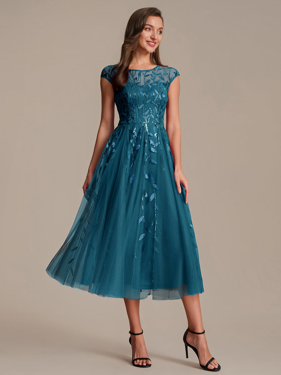 See-through Sequin Cap Sleeve Wedding Guest Dress #color_Teal