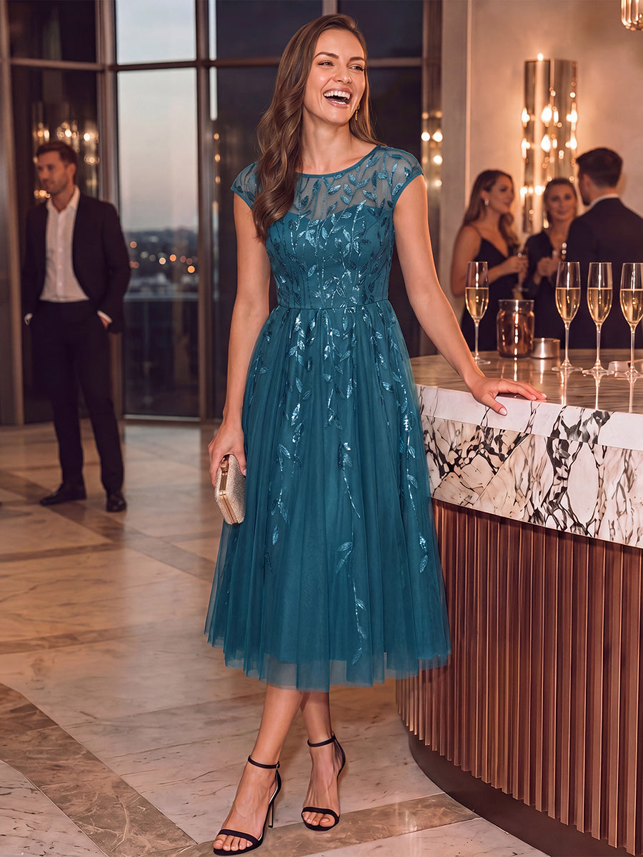 See-through Sequin Cap Sleeve Wedding Guest Dress #color_Teal