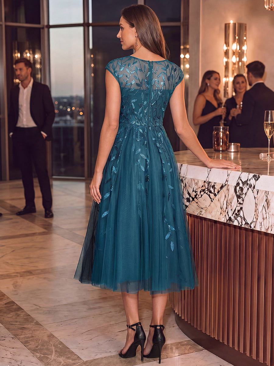 See-through Sequin Cap Sleeve Wedding Guest Dress #color_Teal