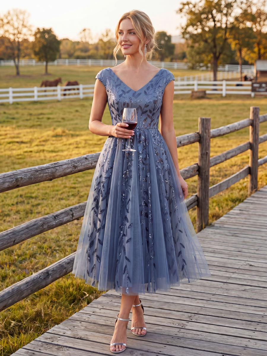 V-Neck Midi Sequin Sleeveless Wedding Guest Dress #color_Dusty Blue