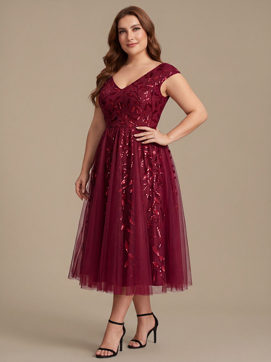 V-Neck Midi Sequin Sleeveless Wedding Guest Dress #color_Burgundy