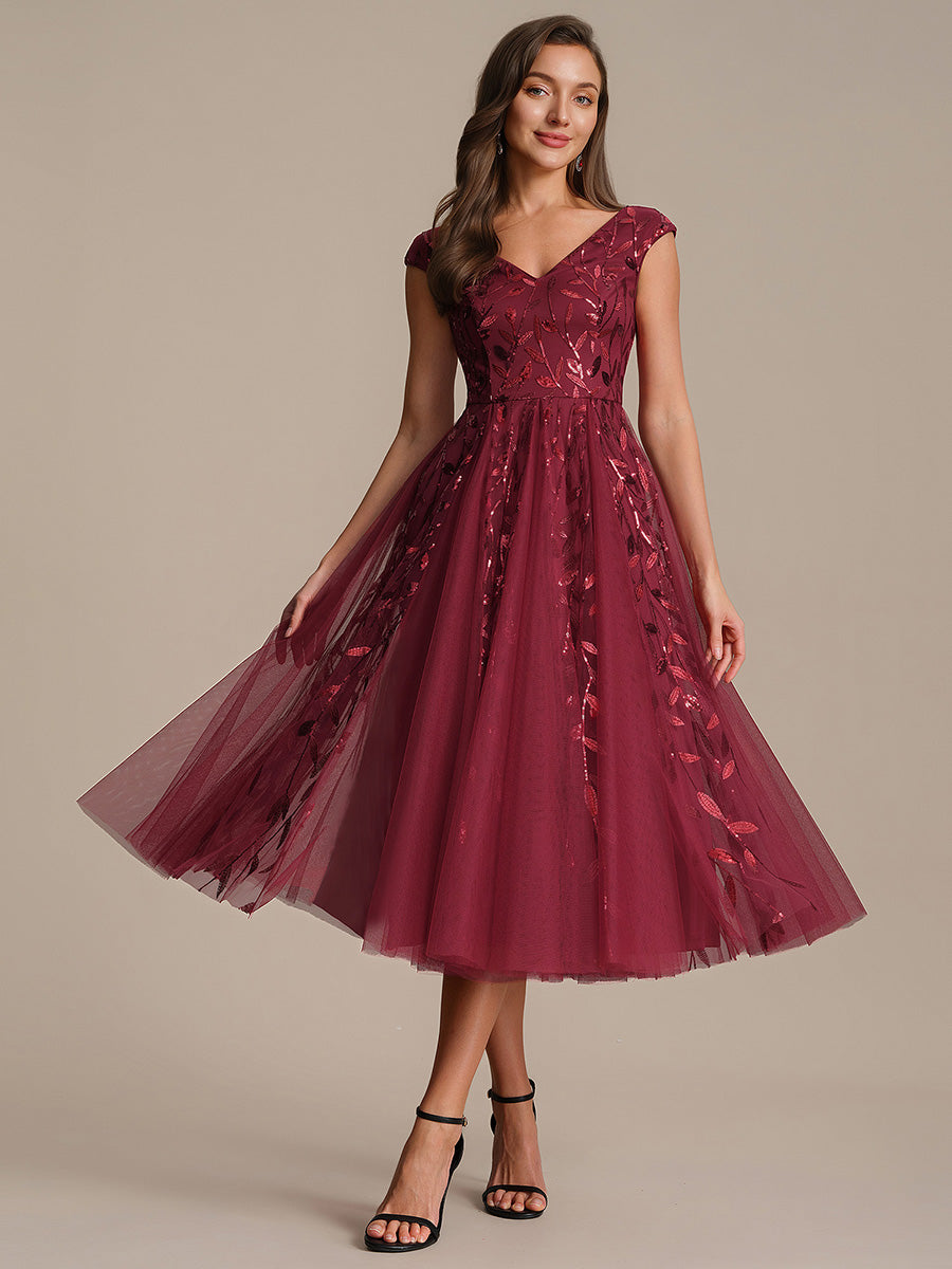 V-Neck Midi Sequin Sleeveless Wedding Guest Dress #color_Burgundy