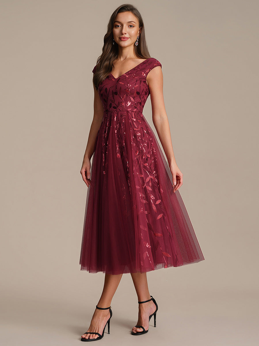 V-Neck Midi Sequin Sleeveless Wedding Guest Dress #color_Burgundy