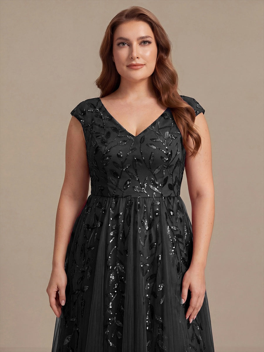 Plus Size V-Neck Sequin Wedding Guest Dress #color_Black