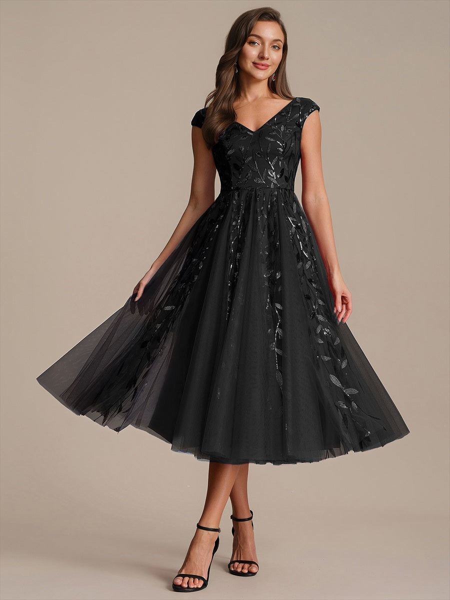 V-Neck Midi Sequin Sleeveless Wedding Guest Dress #color_Black