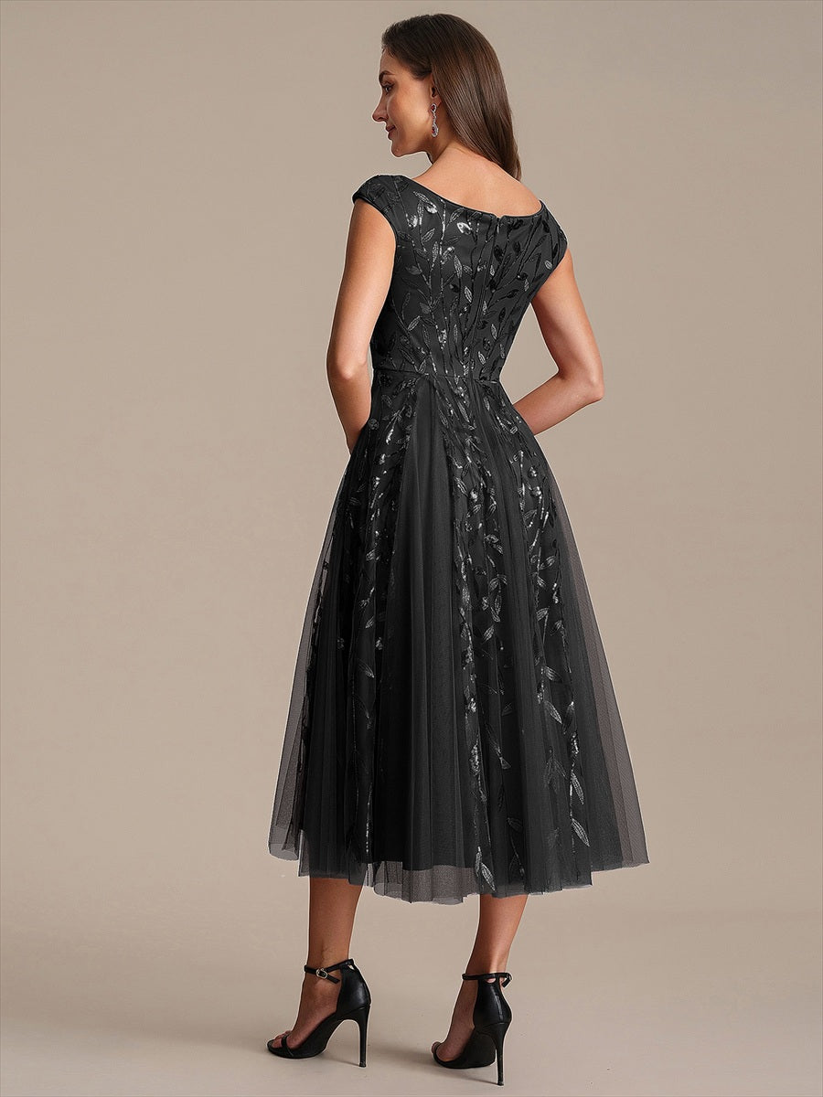 V-Neck Midi Sequin Sleeveless Wedding Guest Dress #color_Black