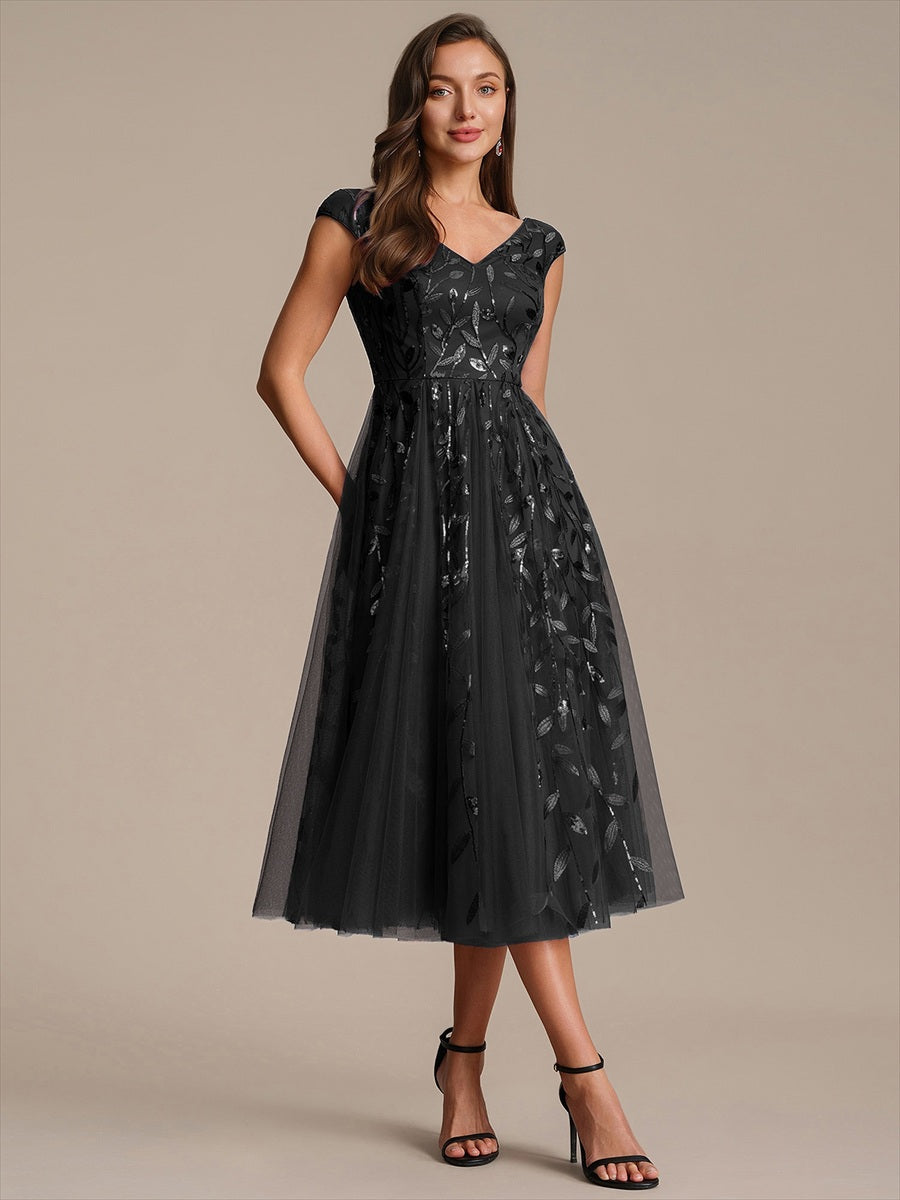 V-Neck Midi Sequin Sleeveless Wedding Guest Dress #color_Black