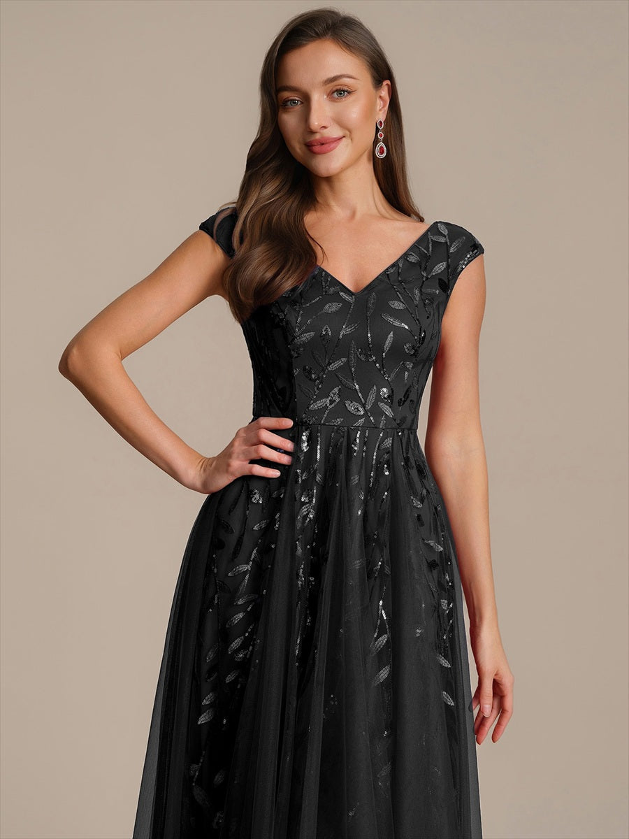 V-Neck Midi Sequin Sleeveless Wedding Guest Dress #color_Black