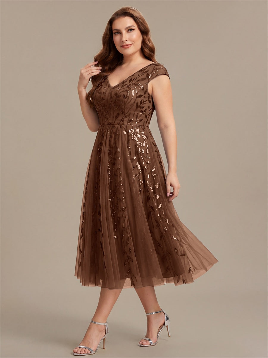 V-Neck Midi Sequin Sleeveless Wedding Guest Dress #color_Brown