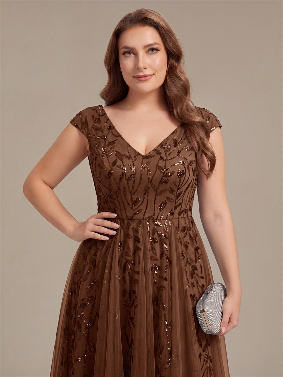 Plus Size V-Neck Sequin Wedding Guest Dress #color_Brown