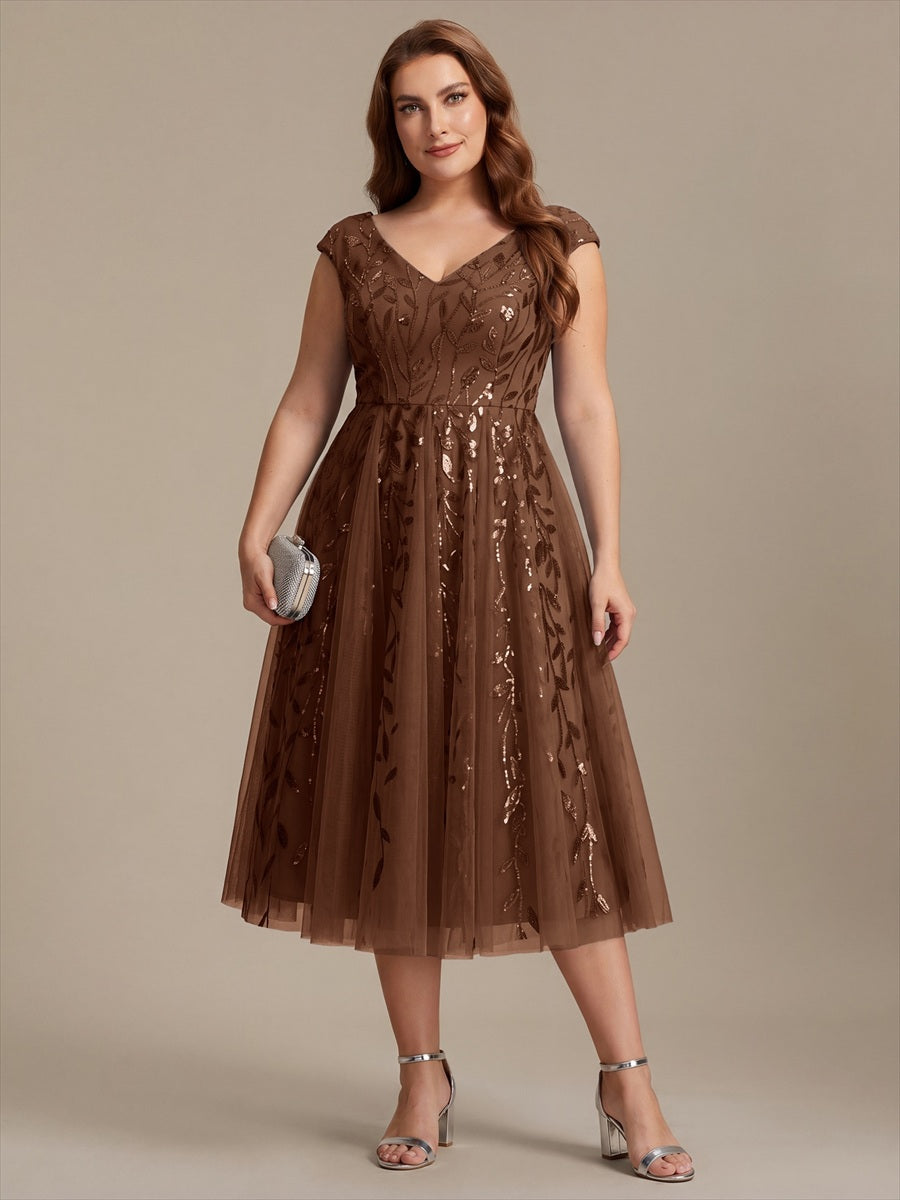 Plus Size V-Neck Sequin Wedding Guest Dress #color_Brown
