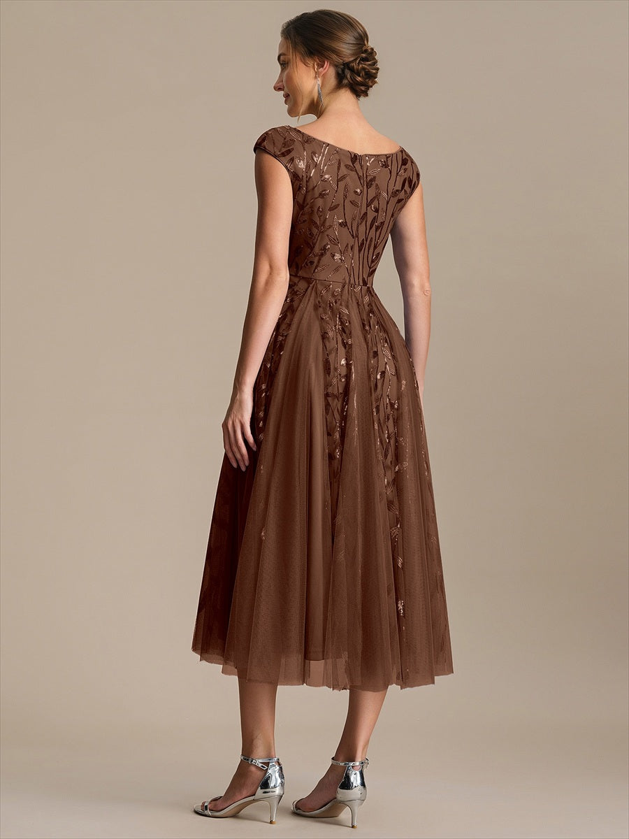 V-Neck Midi Sequin Sleeveless Wedding Guest Dress #color_Brown