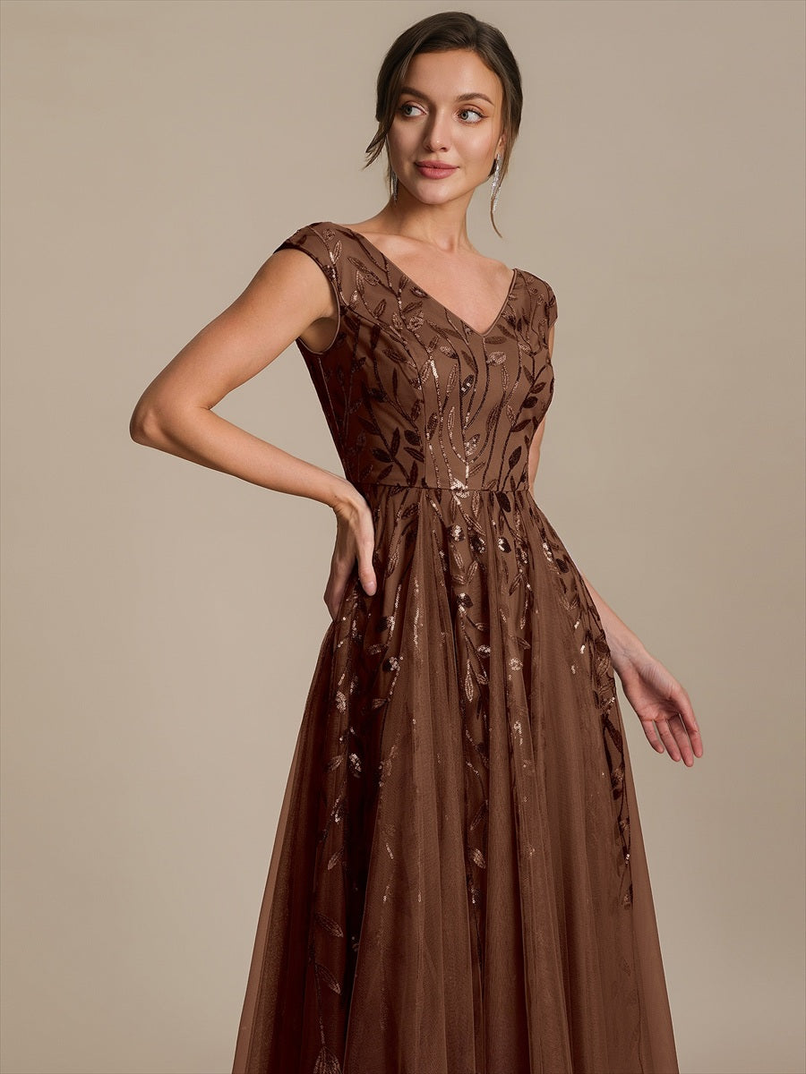 V-Neck Midi Sequin Sleeveless Wedding Guest Dress #color_Brown
