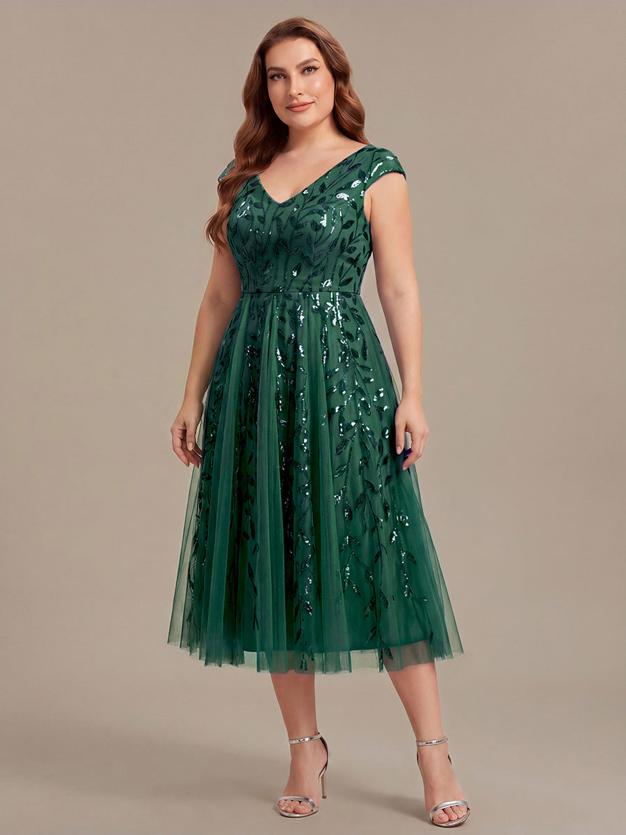V-Neck Midi Sequin Sleeveless Wedding Guest Dress #color_Dark Green