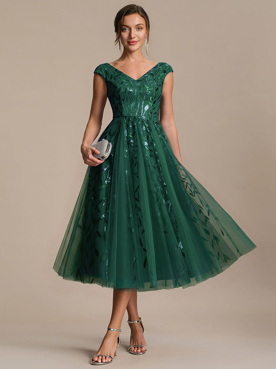 V-Neck Midi Sequin Sleeveless Wedding Guest Dress #color_Dark Green