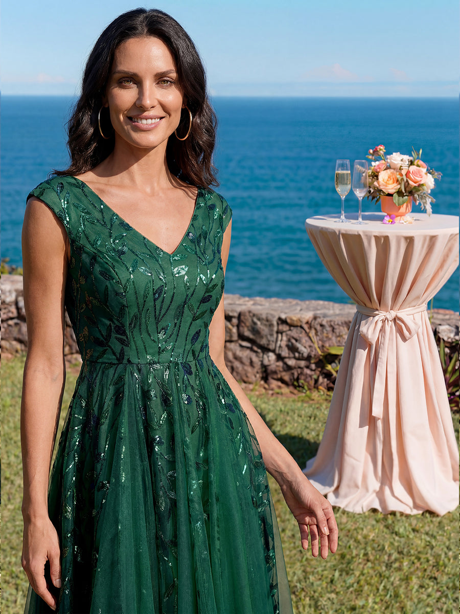 V-Neck Midi Sequin Sleeveless Wedding Guest Dress #color_Dark Green