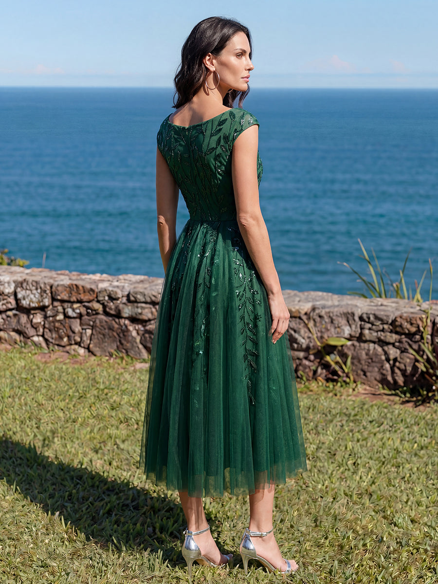 V-Neck Midi Sequin Sleeveless Wedding Guest Dress #color_Dark Green