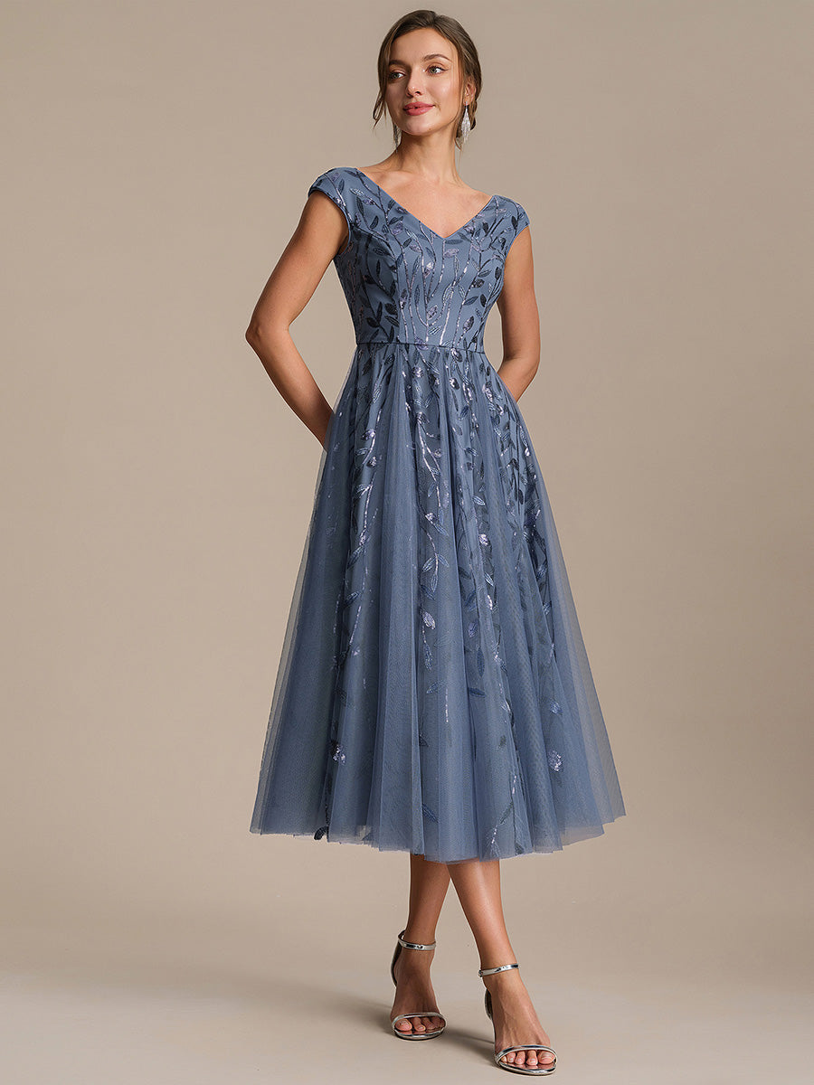 V-Neck Midi Sequin Sleeveless Wedding Guest Dress #color_Dusty Blue