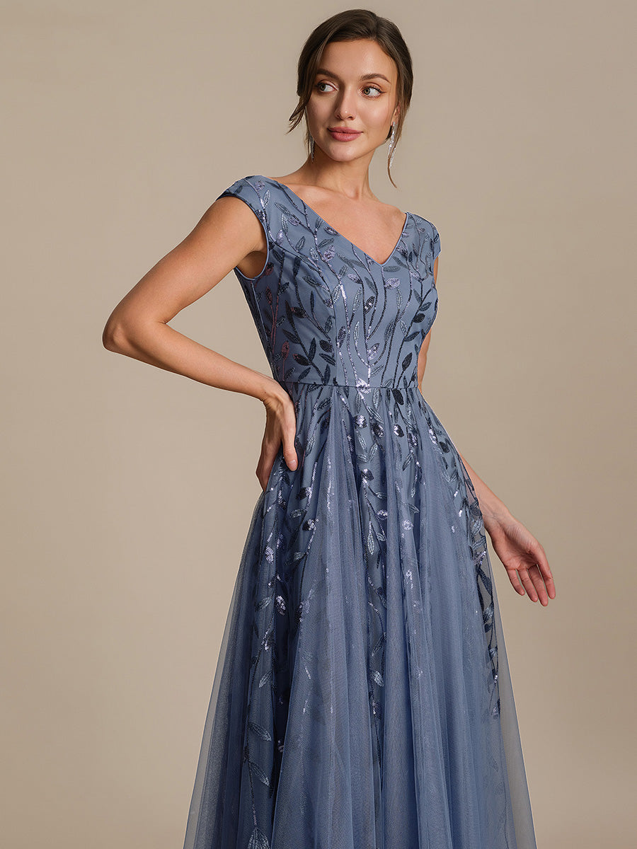 V-Neck Midi Sequin Sleeveless Wedding Guest Dress #color_Dusty Blue