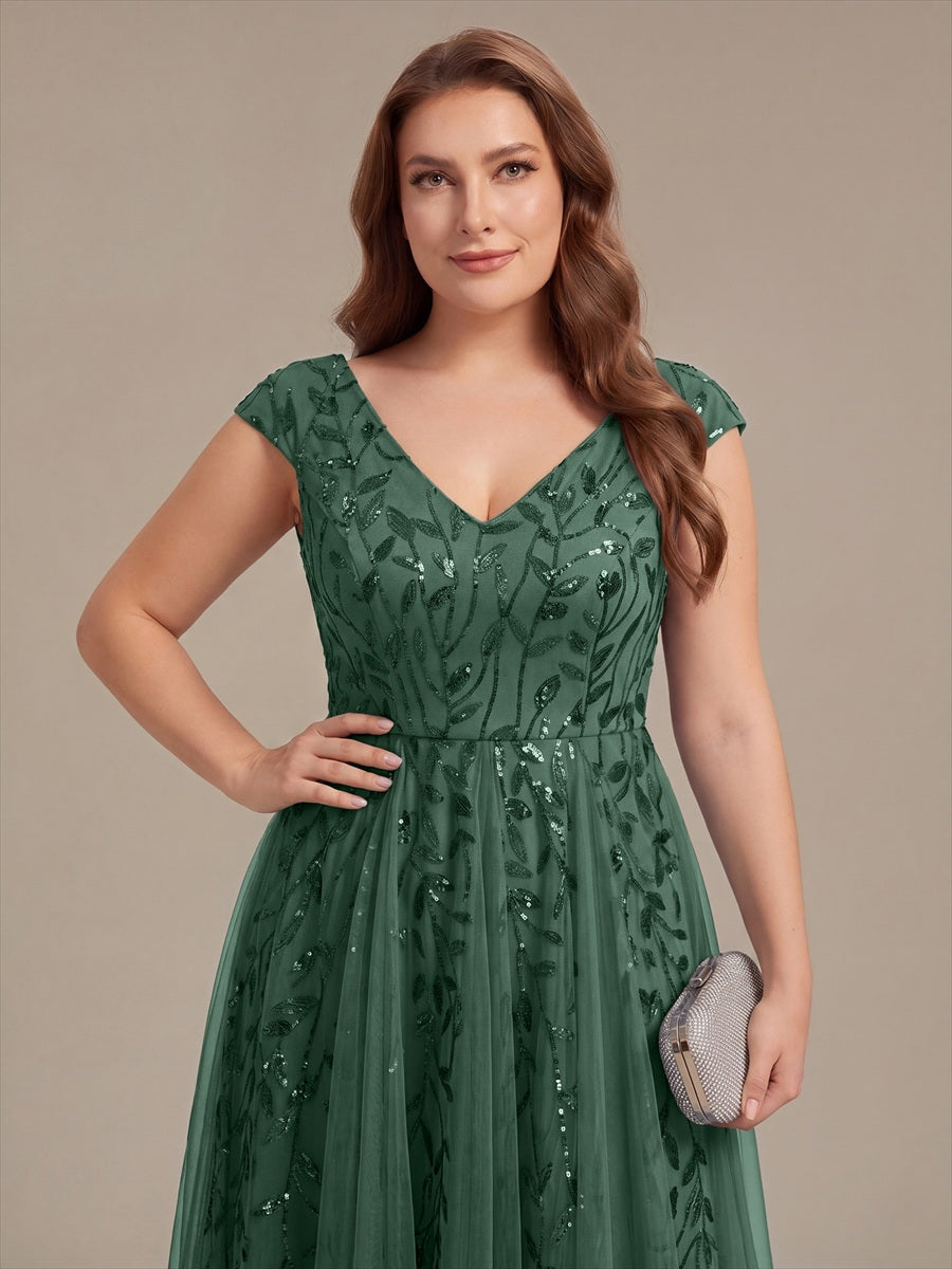 Plus Size V-Neck Sequin Wedding Guest Dress #color_Eucalyptus