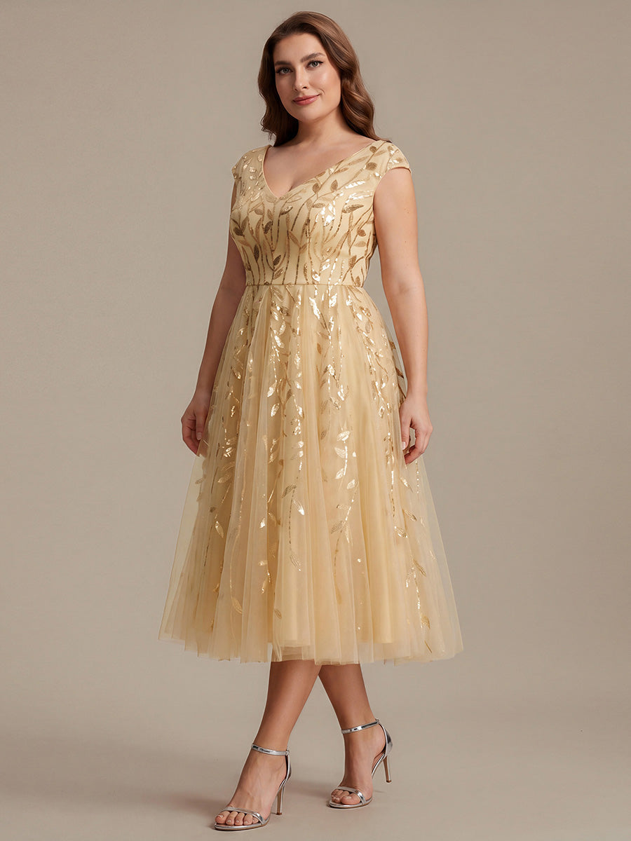 Plus Size V-Neck Sequin Wedding Guest Dress #color_Gold