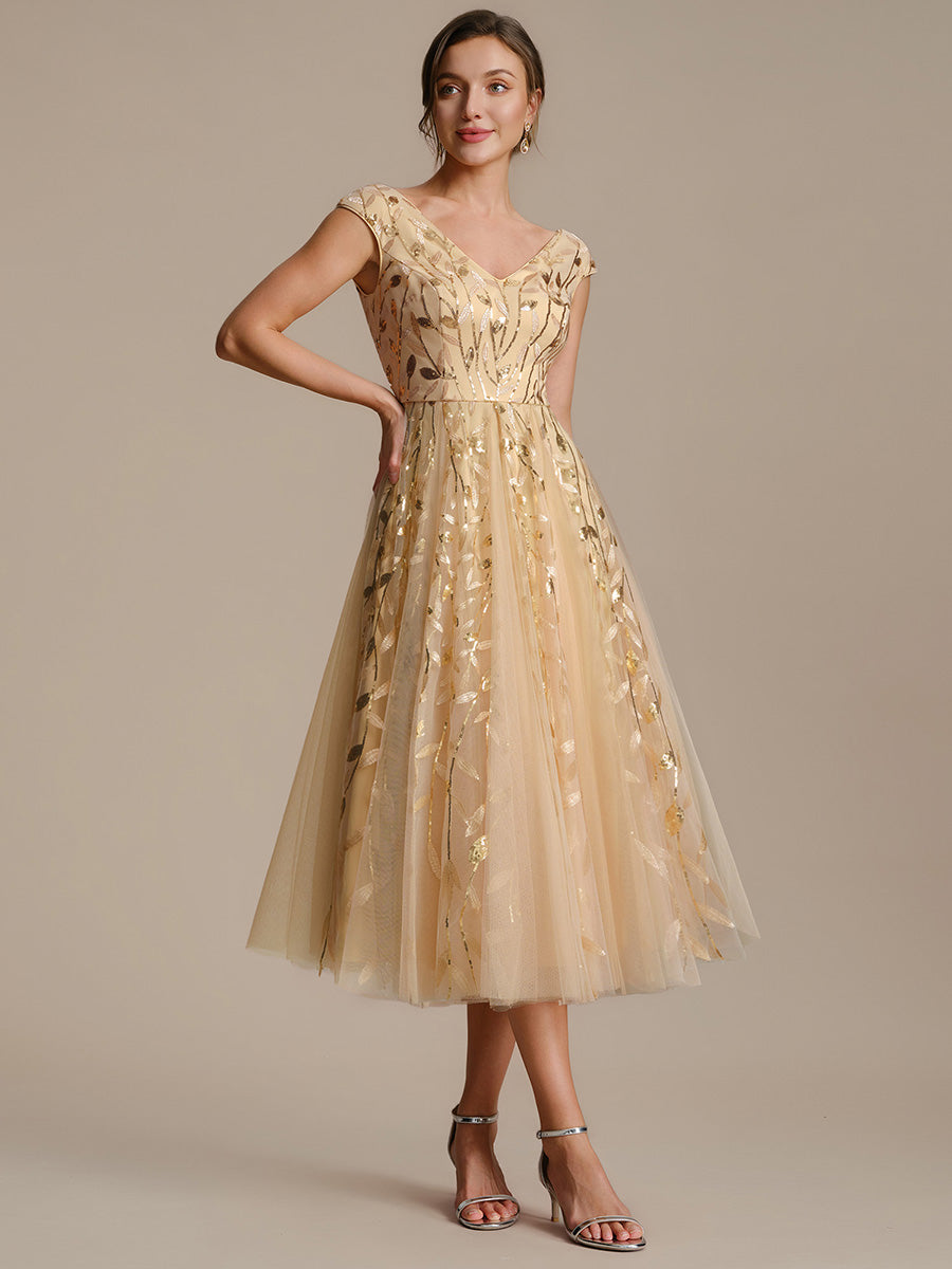 V-Neck Midi Sequin Sleeveless Wedding Guest Dress #color_Gold