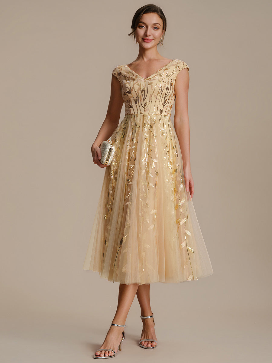 V-Neck Midi Sequin Sleeveless Wedding Guest Dress #color_Gold