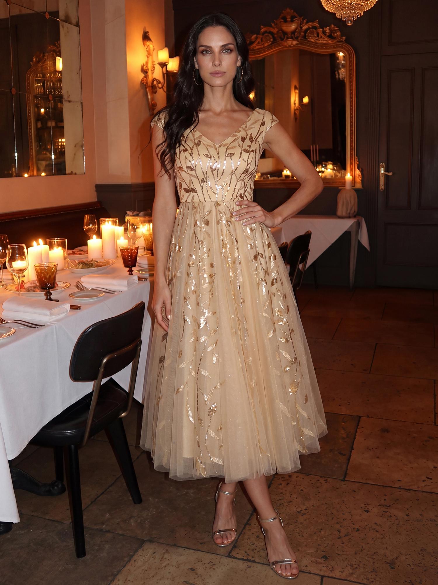 V-Neck Midi Sequin Sleeveless Wedding Guest Dress #color_Gold