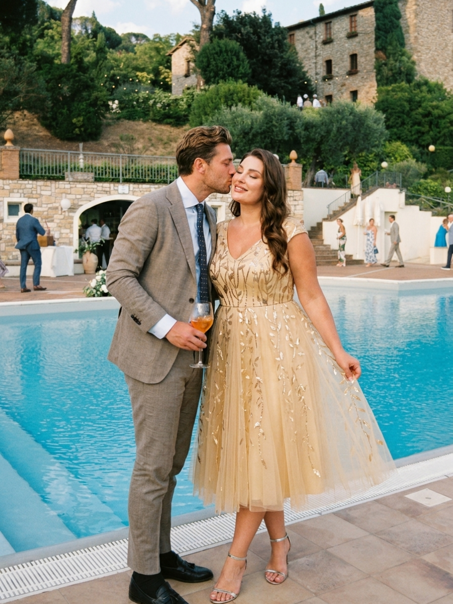 V-Neck Midi Sequin Sleeveless Wedding Guest Dress #color_Gold