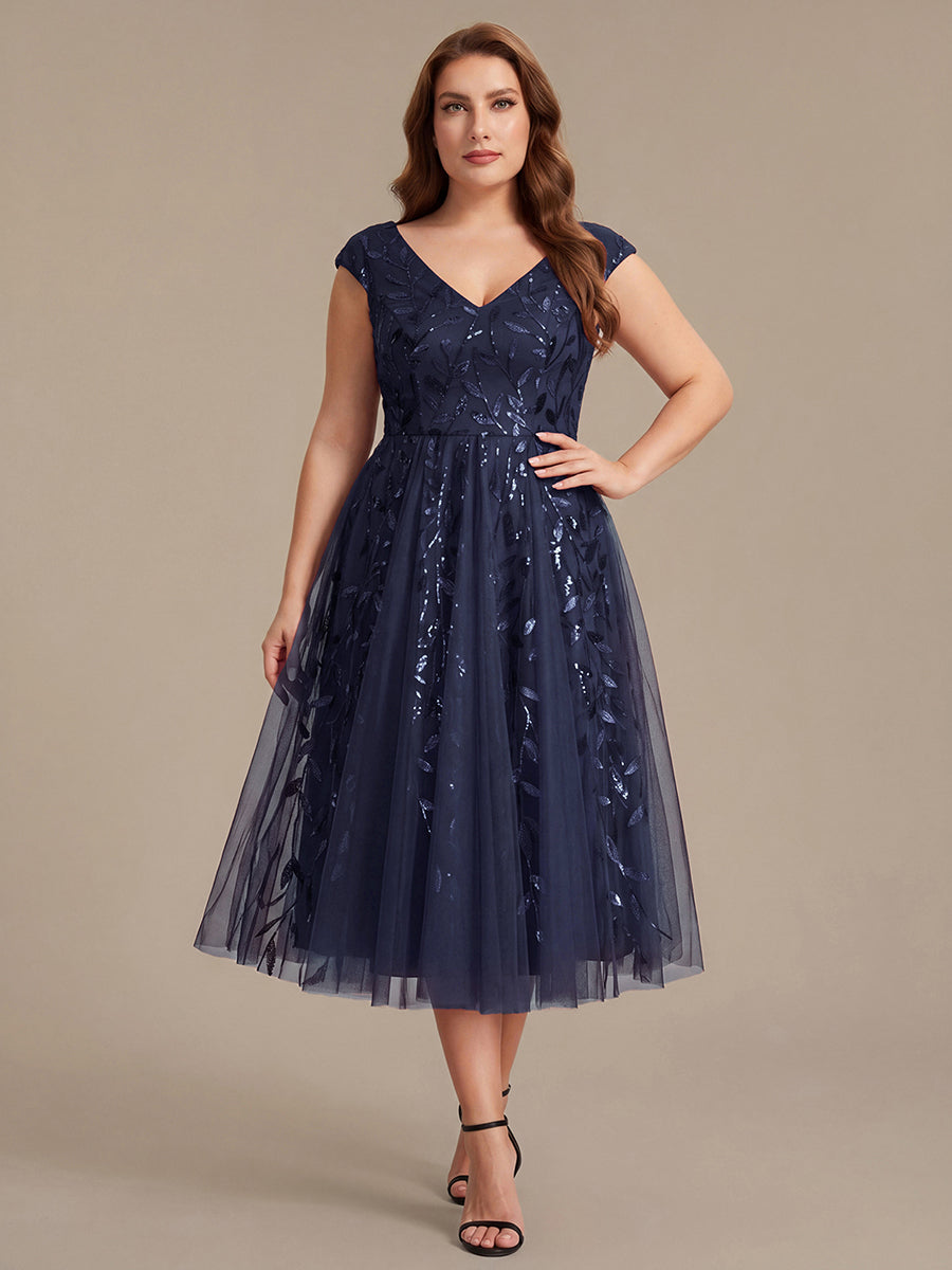 V-Neck Midi Sequin Sleeveless Wedding Guest Dress #color_Navy Blue
