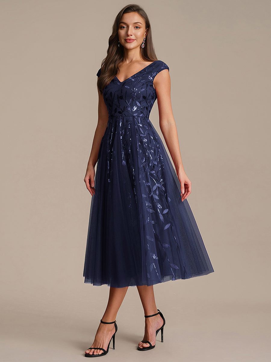 V-Neck Midi Sequin Sleeveless Wedding Guest Dress #color_Navy Blue