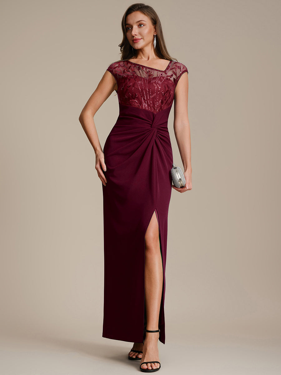 Knotted Crepe Cap Sleeve Wedding Guest Dress #color_Burgundy